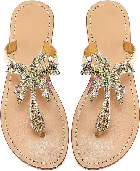 Amazon.com | Monrovia Women's Rhinestone Jeweled Flat Beach Wedding Summer Sandals Gold Rhinestone Jeweled Sandals for Women Bling Jelly Flat Sparkly Sandals Dress Dressy Flip Flops Size 8 | Flats Dressy Flip Flops, Sandals Design, Jeweled Flats, Sparkly Sandals, Jelly Flats, Sandals Resorts, Jeweled Sandals, Sandals Gold, Beautiful Sandals