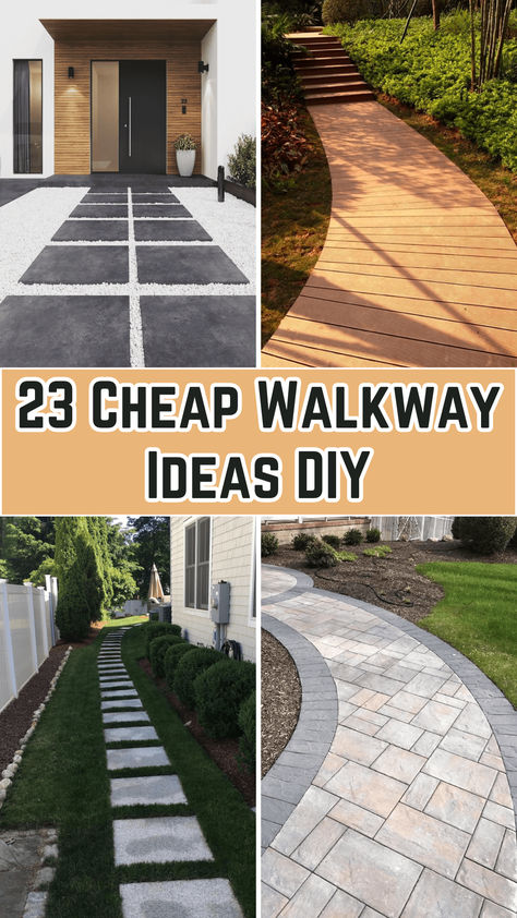 An outdoor garden walkway made of gravel with stepping stones placed neatly in a zigzag pattern. Lush green plants line the sides of the path, adding a natural and inviting feel to the yard. Side Yard Entrance Ideas, Outdoor Walking Path Ideas, Small Walkway Ideas, Sidewalk Stones Pathways, Easy Diy Pathway Walkways, Cheap Sidewalk Ideas, Entryway Path Walkways, Diy Side Walk Walkways, Flagstone Front Walkway