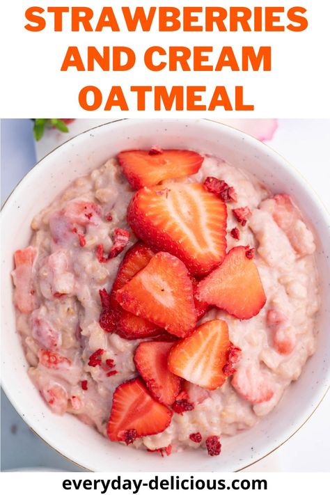 Strawberries and Cream Oatmeal is a delicious breakfast made with juicy strawberries and creamy oats. It’s a tasty and healthy way to start your day, giving you the energy you need to feel good. This oatmeal is packed with lots of strawberries and is just bursting with strawberry flavor! Oatmeal Recipes Strawberry, Homemade Strawberry Oatmeal, Banana And Cream Oatmeal, Strawberry And Cream Oatmeal, Strawberry Baked Oatmeal, Quick Oat Recipes, Strawberries And Cream Oatmeal, Creamy Oats, Leftover Strawberries