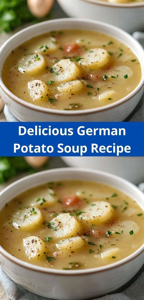 Craving a warm soup recipe that’s both filling and delicious? This German Potato Soup delivers! Quick to prepare and bursting with flavor, it’s a perfect choice for busy nights. Treat your family to this comforting dish tonight! Broth Potato Soup, Red Potato Soup, Poor Mans Soup, Berlin Potato Soup, Canadian Soup, German Soup, German Potato Soup Recipe, German Soups And Stews, German Potato Bacon Soup