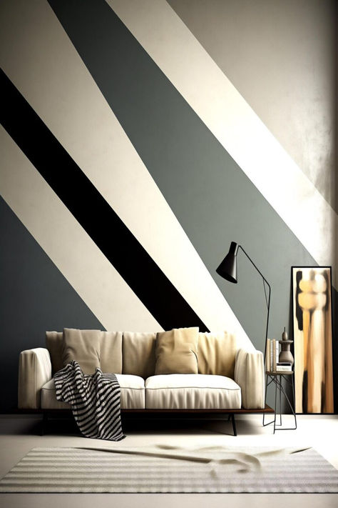 A modern living room featuring a striking accent wall with bold diagonal stripes in paint. Multi Colored Bedroom Walls, Lines Painted On Walls, Diagonal Wall Decor, Stripe Paint Ideas For Walls, Paint Accent Wall Ideas, Diy Accent Wall Paint, Wall Accent Ideas, Paint Accent Wall, Brown Accent Wall