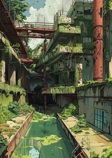 Solarpunk Apocalypse, City Concept Art Modern, Post Apocalyptic City Concept Art, Ecopunk Aesthetic, Apocalyptic City Art, Apocalypse Environment, Overgrown City Drawing, Overgrown City Concept Art, Prankster Aesthetic