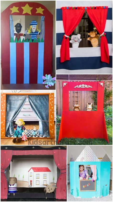 DIY Puppet Theatre Ideas for Kids Diy Puppet Stage, Puppet Show Diy, Puppet Theatre Diy Cardboard, Puppet Theatre Ideas, Puppet Theater Diy Cardboard, Diy Puppet Theater, Theatre For Kids, Puppet Show For Kids, Kids Theatre