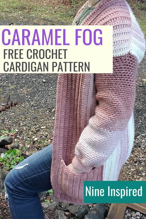 Easy Crocheted Cardigan Patterns, Free Crochet Sweater Patterns For Women Cardigans, Crochet Sweater With Pockets, Easy Free Cardigan Crochet Pattern, Crochet Long Sleeve Cardigan Pattern Free, Crochet Woman Cardigan Free Pattern, Crochet Ombre Cardigan, Caron Jumbo Ombre Crochet Patterns, Crochet Winter Cardigan Free Pattern