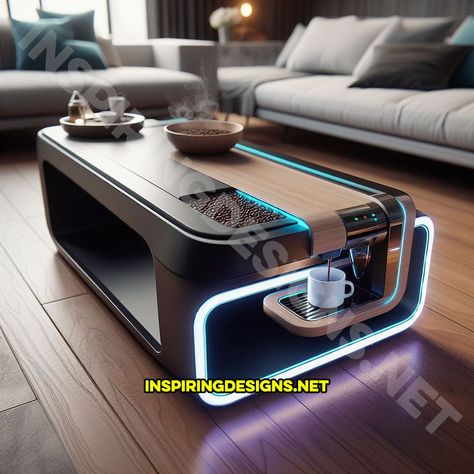 There Are Now Coffee Tables With Built-in Coffee Makers Futuristic Table Design, Futuristic Living Room, Futuristic Table, Modern Leather Sectional Sofas, Modern Leather Sectional, Futuristic Interior Design, Built In Coffee Maker, Door Number Plaques, Coffee Lounge