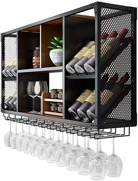 LJFJJ Porta calici Supporto per calici Montato Armadi per Vino della Decorazione della Parete per Cucina, Sala da Pranzo, Bar o Cantina Telaio in Ferro Nero (Color : Black, Size : 100x60x25cm): Amazon.it: Casa e cucina Home Bar Areas, Modern Home Bar, Welded Furniture, Bar Interior Design, Industrial Design Furniture, Home Bar Designs, Metal Furniture Design, Bar Interior, Home Bar Decor