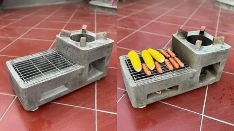 Diy Cement Wood Stove, Chulha Stove Design, Outdoor Stove Ideas, Homemade Stove, Outdoor Cooking Fireplace, Diy Stove, Creative Ideas To Make, Diy Wood Stove, Cement Design