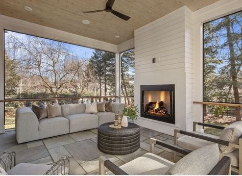 Outdoor Fireplace On Deck Covered Patios, Back Deck Fireplace, Covered Deck Fireplace, Deck Privacy Wall With Fireplace, Covered Outdoor Patio Ideas Screened Porches, Vaulted Screened In Porch, Shiplap Outdoor Fireplace, Outdoor Fireplace On Deck, Deck Fireplace Ideas