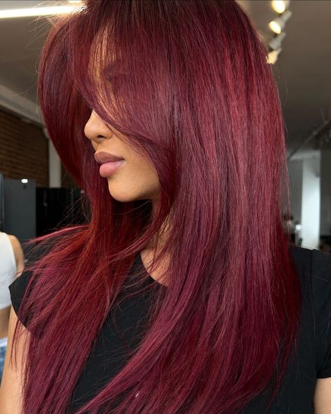 Booking our stylists ASAP! Would you try this color? 🍒  (Image via @lifeoflisag) Pillar Box Red Hair, Wine Colour Hair, Cherry Cola Red Hair, Red Hair No Bleach, Cherry Red Hair Color, Cherry Hair Colors, Red Hair Color Ideas, Wine Hair Color, Red Hair Looks