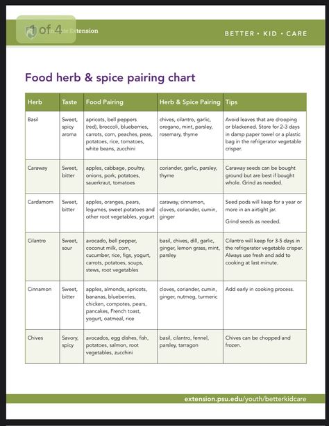 Food Herb and Spice Pairing Chart - Penn State Food Pairings Chart, Spice Chart, Chicken Alfredo Recipes, Diy Spices, Kidney Friendly, Culinary Herbs, Food Combining, Food Tasting, Spices And Herbs