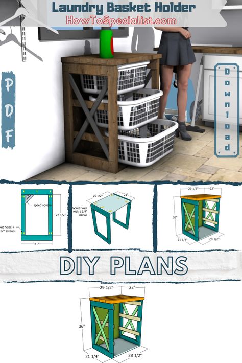 DIY Laundry Basket Holder - Free DIY Plans Laundry Basket Storage Diy Plans, Laundry Basket Holder Plans, Laundry Sorter Diy, Laundry Basket Holder Diy Plans, Diy Laundry Basket Holder, Diy Laundry Sorter, Laundry Basket Shelves, Laundry Basket Holder, Diy Laundry Basket