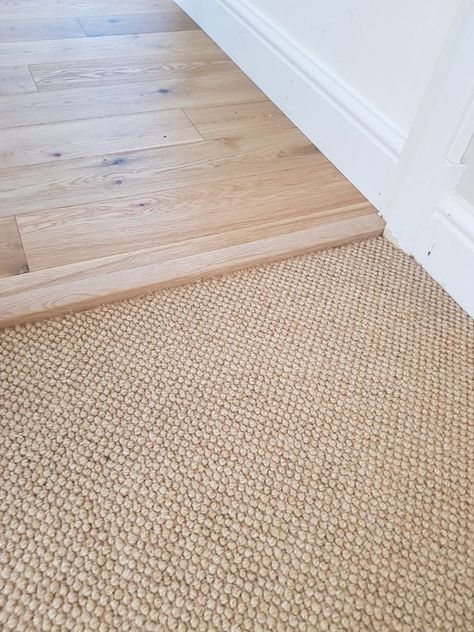 Cottage Bedroom Carpet Ideas, Rug Over Tile Floor Living Rooms, Natural Carpet Living Room, Wall To Wall Jute Carpet, Sisal Flooring Living Room, Beige Carpet White Walls, Carpet With Light Wood Floors, Wood Hallway Carpet Bedroom, Carpet Inspo Living Rooms