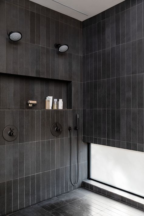 Dark Kitchen Cabinets And Dark Counters, Mountain Modern Bathroom Tile, Dark Master Shower Ideas, Grey Tile Showers, Dark Grey Tile Bathroom Ideas, Black Subway Tiles Bathroom, Horizontal Tile Shower Ideas, Dark Gray Tile Bathroom, Dark Grey Shower Tile