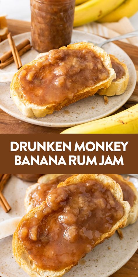 Drunken monkey banana rum jam features sugared bananas, a splash of rum, and a dash of lemon for a jam that is so good, it makes anything you put it on taste just like dessert. Your toast, pancakes and even your ice cream won’t be able to get enough of this adventurous topping! #dessertrecipe #dessert #recipe Banana Split Jam, Banana Bread Recipe With Rum, Banana Canning Recipes, Drunken Monkey Jam, Banana Preserves, Banana Jam Recipe, Banana Rum Cheesecake, Banana Compote, Banana Infused Rum