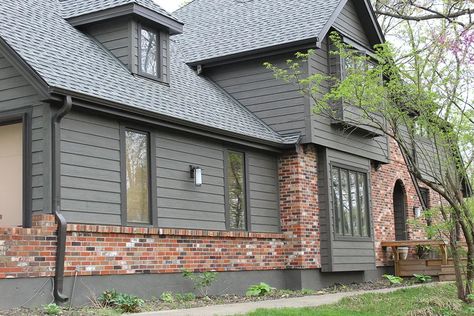 How To Update Red Brick Exterior, Half Brick Half Siding Exterior, Crescent Ideas, Lp Smartside Siding, Bungalow Makeover, Smartside Siding, Red Brick House Exterior, Lp Smartside, Painting Colour