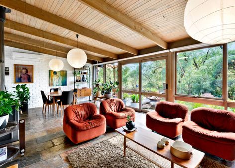 Villa Benkemoun is a swirling 1970s home located just outside Arles - The Spaces Modernist Interior, 1970s Home, Timber Ceiling, Modernist Architects, Victorian Interiors, Australian Architecture, Open Space Living, Australian Homes, Mid Century Modern House