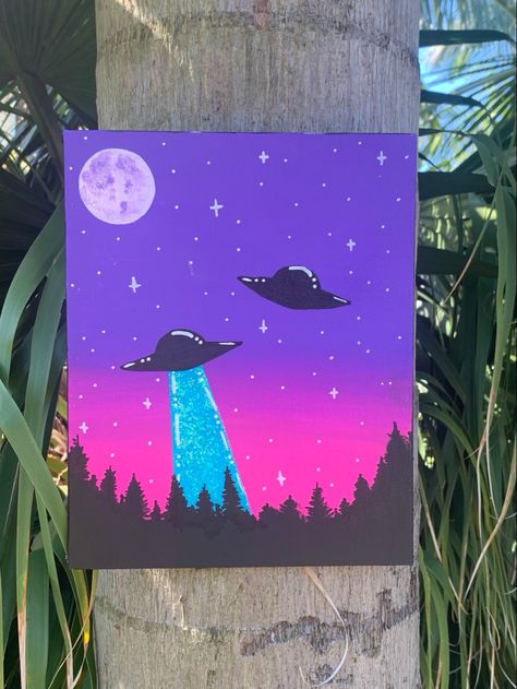 Space Mushroom Painting, Painting Ideas On Canvas Purple Background, Outer Space Canvas Painting, Easy Space Painting Ideas On Canvas, Fun Easy Acrylic Paintings, Guache Paintings Easy Ideas, Alien Painting Easy, Cool Easy Paintings On Canvas Trippy, Painting Ideas Neon