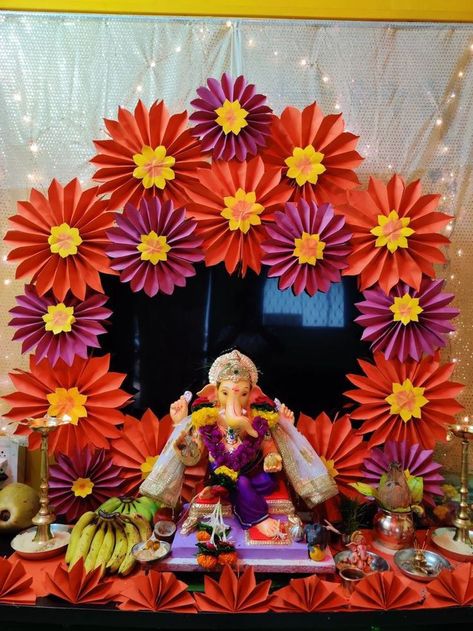 Ganpati At Home, Flower Decoration For Ganpati, Gauri Decoration, Eco Friendly Ganpati Decoration, Ganesh Decoration, Ganpati Decoration Theme, Ganesh Chaturthi Decoration, Ganpati Decoration At Home, Paper Decorations Diy