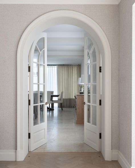 ✨ Before & After ✨ The back of the house needed a major update & improving the flow was a top priority! To achieve this, a large opening was created between the old dining room and kitchen. (Should we have kept the orange wallpaper?) Inspired by the original arched window in the entrance hall, we designed these doors to feel like a natural part of the home’s history, blending seamlessly with the existing architecture. Swipe to see the before. 👉🏻 📷 @paullmcraig #abigailreay #abigailreay... Arch Door Bedroom, Faux Arched Doorway, Old Dining Room, Home Office Doors, Arched Doorway, Arch Doorway, Arched Doors, Office Door, Orange Wallpaper