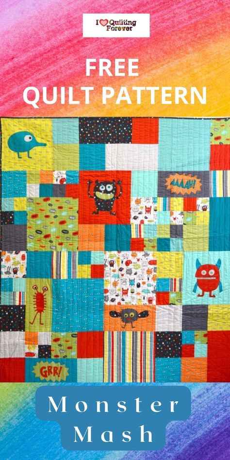 I Spy Quilt Patterns Free, Kids Quilt Patterns, Monster Quilt Pattern, Monster Quilt, Kid Quilts Patterns, Rag Quilt Tutorial, Halloween Quilt Patterns, Free Quilt Tutorials, Boys Quilt Patterns