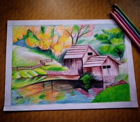 Landscape sketch by color pencil 🤩 Landscape Paintings With Pencil Colours, Pencil Colour Sketches Landscape, Nature Drawing Colour Pencil, Nature Drawing With Pencil Colour, Color Pencil Drawing Easy Landscape, Pencil Color Landscape, Color Pencil Art Drawings Nature, Landscape Drawings Pencil Colour, Colour Pencil Drawing Landscape