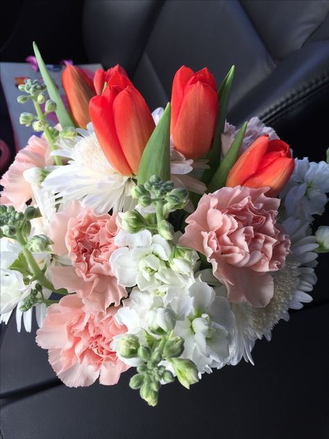 Fragrant arrangement with tulips, carnation, stock & beautiful white fluffy poms Tulips And Carnations Bouquet, Carnation Flower Arrangements, Carnation Bouquet, Red Carnation, Prettiest Bouquet, Boquette Flowers, Tulip Bouquet, Carnation Flower, Flower Therapy