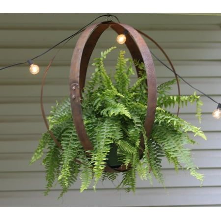 Create a beautiful, relaxing atmosphere with our Rustic Barrel Ring Plant Holder. The Plant Holder is made with barrel rings from real whiskey barrels. It features a metal loop at the top for hanging mounting hardware not included, and folds easily for adding or removing plants. The metal is untreated and will be somewhat rusty, which adds visual charm and appeal to any porch or patio. Each Plant Holder will vary slightly in size due to its authenticicty. The size is approximately 23" - 25" roun Metal Wine Barrel Rings, Barrel Ring Art, Wine Barrel Art, Wine Barrel Decor, Wine Barrel Rings, Barrel Ring, Whiskey Barrels, Barn Wood Projects, Barrel Rings