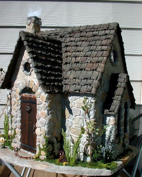 Take a Barbie house or pony castle and   apply small stones to it and let moss and vines grow on it so it looks kind of   like this. Faeries Gardens, Gnome House, Style Cottage, Fairy Garden Houses, Dollhouse Kits, Barbie House, Miniature Houses, Miniature House, Gnome Garden