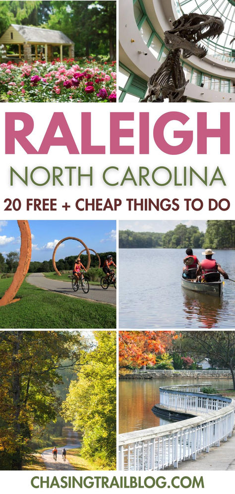 A collage of six pictures in a grid, all of outdoorsy and free things to do in Raleigh, plus a white rectangle in the middle that has pink and green letters reading, "Raleigh North Carolina free + cheap things to do" Best Things To Do In North Carolina, Raleigh North Carolina Things To Do In, Things To Do In Raleigh Nc, North Carolina Bucket List, North Carolina Raleigh, Day Trips From Raleigh Nc, Best Restaurants In Raleigh Nc, Hikes Near Raleigh Nc, Downtown Raleigh North Carolina