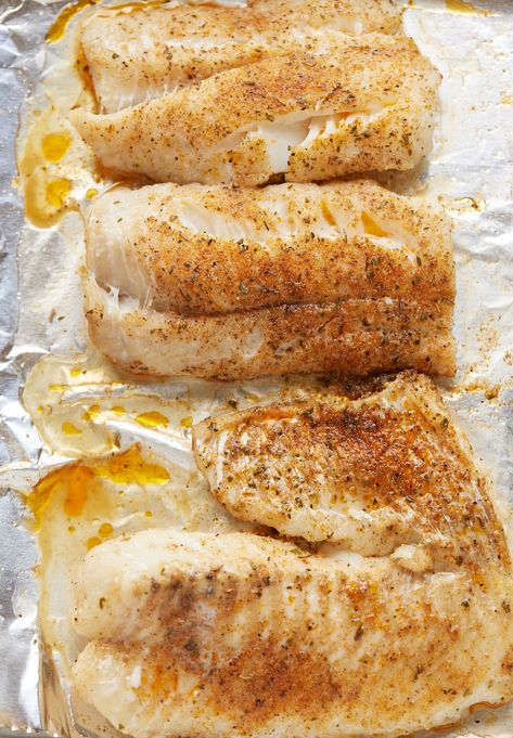 Oven baked fish fillets on a foil lined baking sheet. Baked White Fish Recipes, Oven Baked Fish Recipes, Fish Filet Recipes, Fish Recipes Easy, White Fish Recipes Baked, Baked White Fish, Tilapia Recipes Easy, Fresh Fish Recipes, Oven Baked Fish