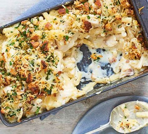 Truffled macaroni & smoked haddock bake Haddock Fish Cakes, Smoked Haddock Recipes, Creamy Fish Pie, Fish Bake, Leek Risotto, Haddock Recipes, Smoked Haddock, Gratin Dish, Bbc Good Food