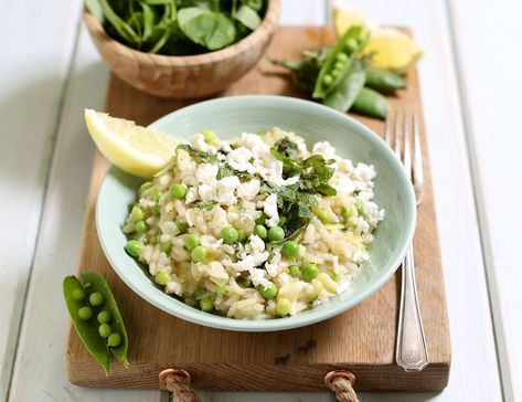 Feta Risotto, Summer Supper, Garden Peas, Creamy Risotto, Pea Shoots, Squash Vegetable, Vegetable Stock Cubes, Risotto Recipe, Truffle Oil