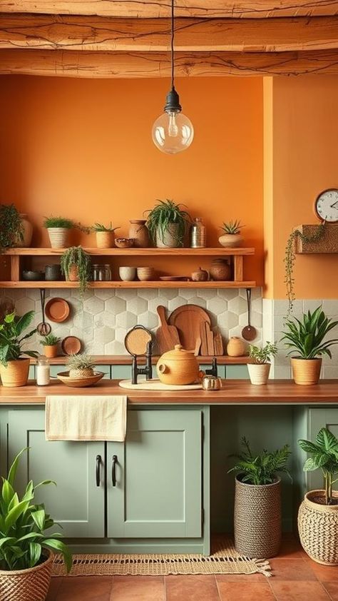 If you're looking to create a cozy and welcoming kitchen, embracing boho-inspired design elements might be just what you need. By incorporating earthy color palettes and natural materials, you can foster an inviting atmosphere that feels both warm and stylish. Boho Color Kitchen, Colorful Tiny Kitchen, Bright Neutral Kitchen, Desert Aesthetic Kitchen, Boho Galley Kitchen Ideas, Green And Rust Kitchen, Cosy Small Kitchen, Natural Materials Kitchen, Boho Inspired Kitchen