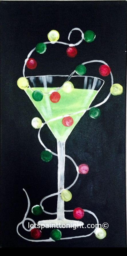 Holiday cheer... fun holiday themed acrylic painting. Perfect for couples. Cocktail glass, Christmas lights,  Celebrate the holidays with Let's Paint Tonight makes the perfect gift. Michaels Canvas, Holiday Paintings, Spaghetti Factory, River Restaurant, Fox Hound, Wine And Canvas, Christmas Paintings On Canvas, Paint Nite, Christmas Rock