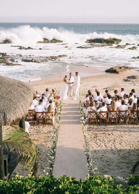 Glam Beach Wedding | Glam Wedding Venues Wedding On The Beach Decoration, Wedding In Cabo, Small Beach Wedding Aesthetic, Spanish Beach Wedding, Todos Santos Wedding, Beach Chapel, Beach Wedding Wedding Dress, Minimalist Beach Wedding, Esperanza Resort Cabo