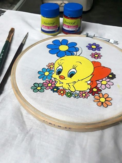 #fabricpainting #cartoon #tweety #cute #beginner #art #craft #schoolproject #fevicrylart Cartoon Fabric Painting, Cartoon Fabric, Pencil Portrait Drawing, Painted Clothes Diy, Fabric Paint Designs, Beginner Art, Diy Things, Art Painting Gallery, Clothes Diy