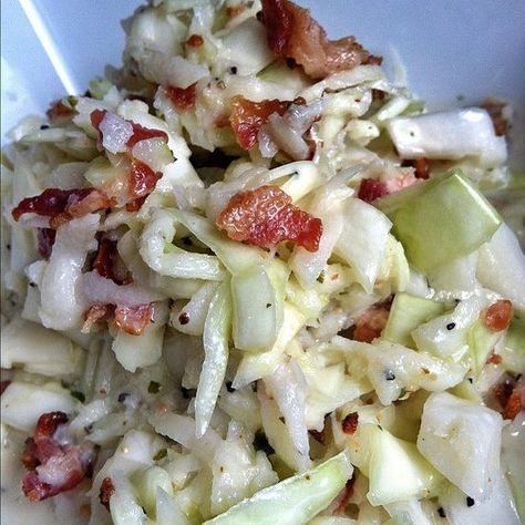 Apple Bacon Coleslaw…  ~Tammy  1/4 cup cider vinegar  1 cup mayonnaise  1/3 cup honey  2 teaspoons kosher salt  1/4 cup pulp free orange juice  juice from 1/2 fresh lemon  1 teaspoon ground black pepper  1 sm Fennel shredded  1 medium cabbage, cored, shredded  1/2 pack of bacon fried crispy then broken up into small pieces  1 bunch scallions, thinly slice1/2 cup finely minced parsley leaves, optional  4 firm apples, peeled, cored and shredded Apple Bacon Coleslaw, Cooking Quinoa, Cole Slaw, Coleslaw Recipe, Cabbage Salad, Salad Bar, Side Recipes, Spaghetti Squash, Coleslaw