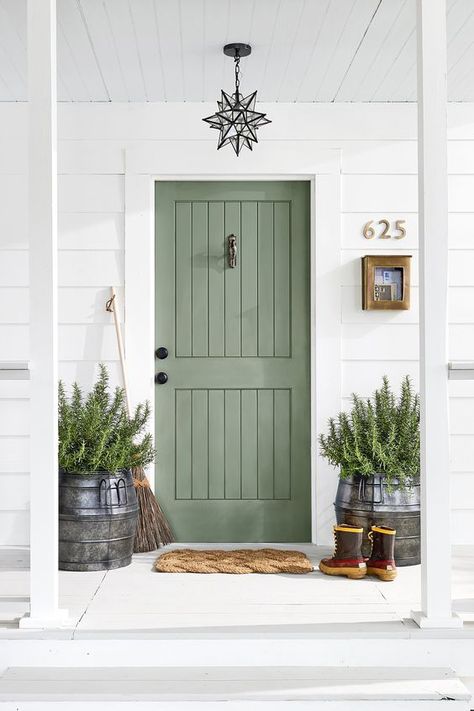 Sage green front door Sage green wall color #sage #sagegreen #sagegreendecor #greenfrontdoor #greendoor Bold Front Door, Exterior Front Door Colors, Green Front Door, Green Wall Color, Green Front Doors, Front Door Makeover, Front Door Paint Colors, Farmhouse Front Door, Door Paint Colors