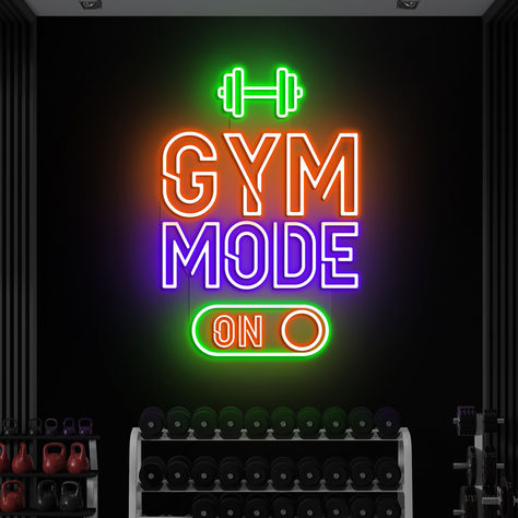 Gym Mode On Neon Light Pendant Light Over Kitchen Island, Neon Lights Room, Name Neon Light, Neon Light Wallpaper, Lights Over Kitchen Island, Neon Light Art, Gym Decor, Man Caves, Kitchen Lighting Fixtures