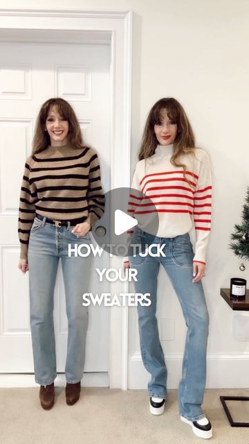 Ziba Lennox Style on Instagram: "Sick of the French Tuck? 💔It’s a classic when you need to hide a muffin top (or have ill fitting pants) or wearing a coat the whole time! 

For a more “WAISTED” look, check out these 2 methods of tucking your tops, in this example a mid length sweater🔥

1) reverse French tuck or back tuck, I LOVE how the v shape makes a waisted look that looks flattering 

2) side fold-over- I do this a lot with my tshirts to get a snatched waist effect and especially love it here with a belt. 

Which one do you like?! 
Follow for more practical fashion hacks! 
#fashionhacks #styletips #howto #winterfashion #sweaterweather" French Tuck Sweater, Sweater Tuck, How To Tuck In A Sweater, Back Tuck, Practical Fashion, Muffin Top, Sweater Weather, V Shape, That Look