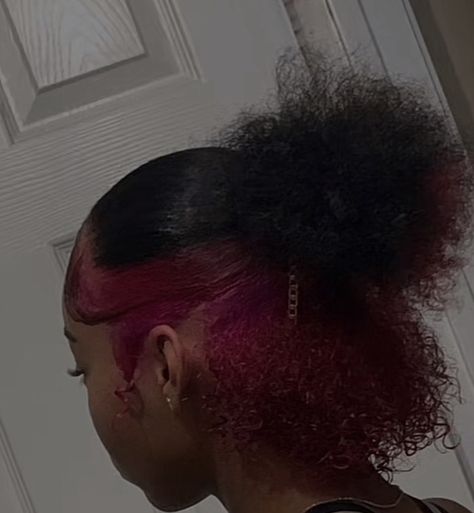 Burgundy Skunk Stripe Natural Hair, Half Red Hair Underneath, Skunk Stripe On Short 4c Hair, Half Burgundy Half Black Hair, 4c Red Hair, Burgundy Skunk Stripe, Burgundy Peekaboo Hair, Red Skunk Stripe Hair, Adore Hair Dye