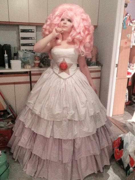 Cosplay of Rose Quartz from Steven Universe Steven Universe Outfits, Rose Quartz Steven Universe Cosplay, Rose Quartz Cosplay, Rose Quartz Steven Universe Wig, Rose Quartz Dress, Pink Cosplay Costume For Cosplay Events, Su Cosplay, Kawaii Pink Cosplay Costume For Halloween, Pink Harajuku Cosplay Costume For Halloween