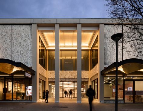 Universal Design Studio transforms Canberra's retail landscape by invoking its heritage - News - Frameweb Mall Entrance, Canopy Lighting, Architectural Lighting Design, Facade Lighting, Home Decor Blog, Ceiling Treatments, Architectural Lighting, Entrance Design, Unique Houses