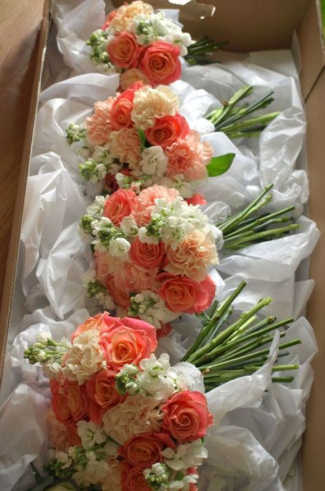 Pretty, but I wish there was more coral and less white and light pink. Wedding Bouquets Coral, Flowers In A Box, Coral Wedding Flowers, Peach Wedding Flowers, Prom Flowers, Coral Wedding, Coral Flowers, Wedding Flower Ideas, Peach Wedding