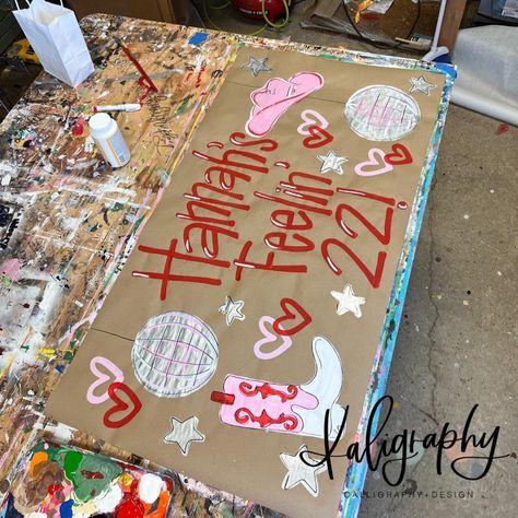 Painted Birthday Banner College, Twenty First Birthday Sign, Brown Paper Sign Party Ideas, 22nd Birthday Banner, Brown Paper Banner Ideas, Brown Paper Painted Banner, 22 Themed Birthday Party, Birthday Signs Diy Poster, Painted Banner Ideas