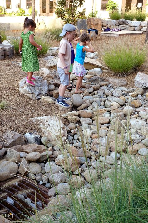 Nature School Outdoor Classroom, Dry River Beds, Dry Stream Bed, Kindergarten Garden, Natural Playscapes, Dry River Bed, Dry Stream, Water Play Activities, Stream Bed