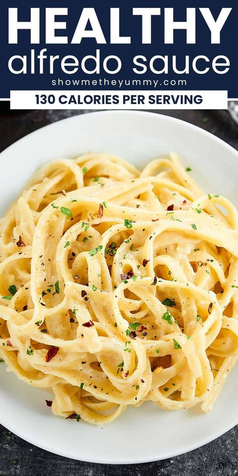 This Healthy Alfredo Sauce is a lightened up version of a classic (helloooo only 130 calories per serving). Made with greek yogurt, skim milk, and parmesan! Low Calorie Fettuccine Alfredo, Fettucini Alfredo Sauce, Greek Yogurt Pasta Sauce, Healthy Alfredo Sauce Recipe, Healthy Alfredo, Greek Yogurt Pasta, Healthy Alfredo Sauce, Reflux Recipes, Healthy Recipes For Diabetics