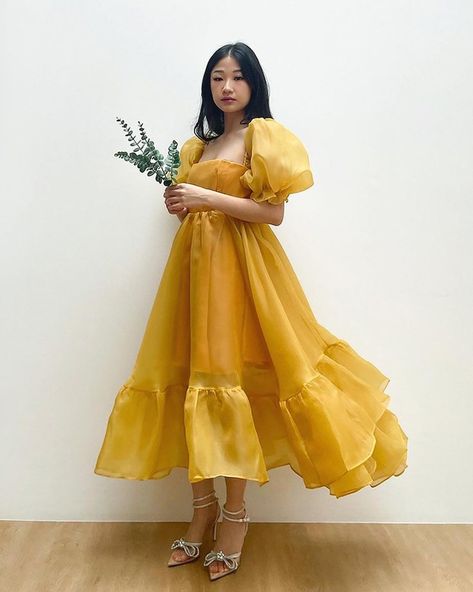 Puff Organza Sleeve Dress, Puffy Summer Dress, Prom Dress Puffy Sleeves, Organza Dress Ideas, Dresses With Puffy Sleeves, Organza Bridesmaid Dress, Organza Midi Dress, Elegant Summer Dress, Magical Clothes