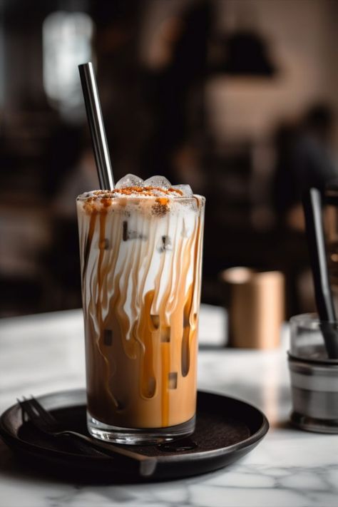 An AI-generated photo of an iced coffee drink, such as a cappuccino to latte macchiato, served in a tall glass. The coffee is topped with a generous dollop of whipped cream and a drizzle of caramel sauce. The glass is adorned with a striped straw and sits on a wooden table with a picturesque summer background. This refreshing iced coffee is perfect for cooling down on hot days and enjoying a moment of relaxation and indulgence. Satisfying Pics, Animal Mashups, Iced Cappuccino, Ice Caramel Macchiato, Chocolate Cake Recipe Moist, Coffee Shop Photography, Coffee Obsession, Caramel Latte, Caramel Macchiato