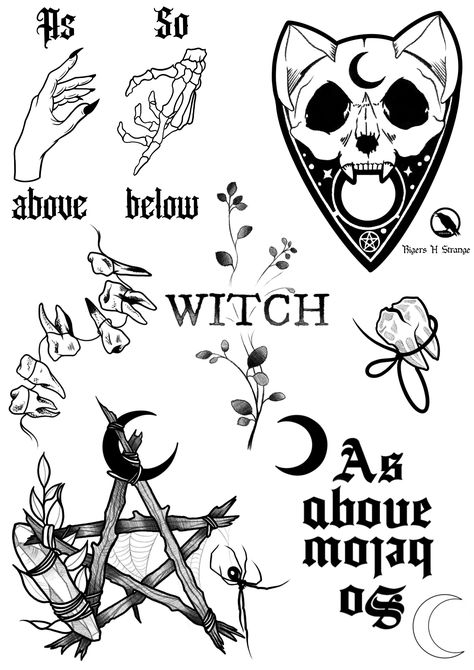 Witch Tattoo Flash Sheet, Spooky Witch Tattoo, Gothic Tattoo Flash Sheet, Witch Flash Sheet, Tattoo Witch Aesthetic, Creepy Book Tattoo, Witchy Tattoos Ideas, Witchy Flash Art, Goth Small Tattoo